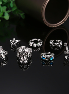 跨境热销饰品 欧美万圣节蛇形骷髅猫头鹰动物戒指组合7件套