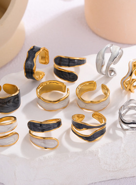 欧美跨境开口钛钢戒指女简约ins风感镀金不锈钢戒指