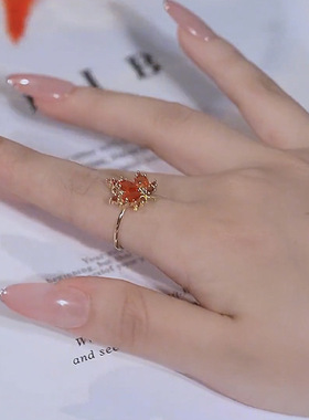 红色枫叶戒指开口可调节小众设计指环新款潮气质