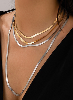 欧美跨境饰品 朋克金属风蛇骨链项链女 个性几何链条混色锁骨项饰