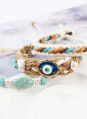 跨境民族风蓝色土耳其恶魔之眼手链叠戴套装手工编织手环