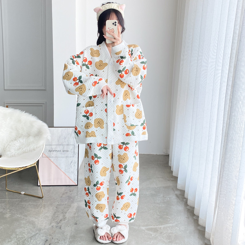 婴儿棉V领卡通睡衣女秋冬韩版三层夹棉加大码宽松胖MM200斤家居服,淘宝优惠券,粉丝福利购,淘宝优惠卷