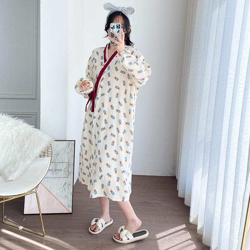 加大码纯棉双层纱汉服睡裙开衫系绳睡袍宽松孕产妇胖MM长袖家居服,淘宝优惠券,粉丝福利购,淘宝优惠卷