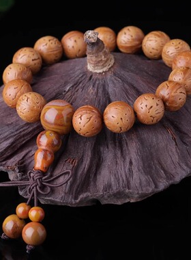 手工打磨抛光山桃核正圆珠串把件脑纹胡佛珠念珠男女车档位挂野生