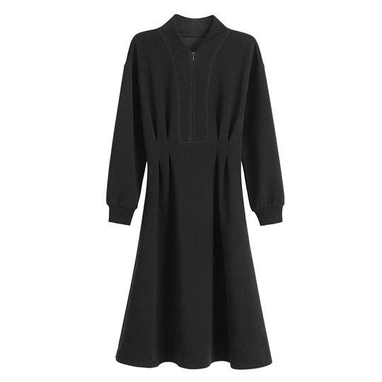 2025年新款秋冬季时尚V领拉链显瘦长袖赫本风通勤舒适气质连衣裙