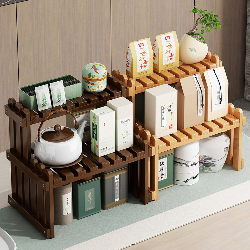桌面博古架茶叶架实木新中式茶桌上置物架小型茶台摆件茶具收纳架 - 图1