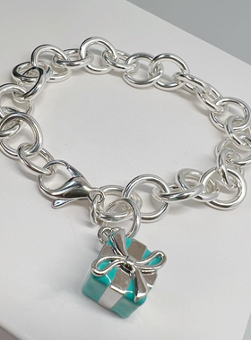 蝴蝶结礼物盒项链女纯银粗链条情侣手环蓝色珐琅彩手链轻奢小众潮