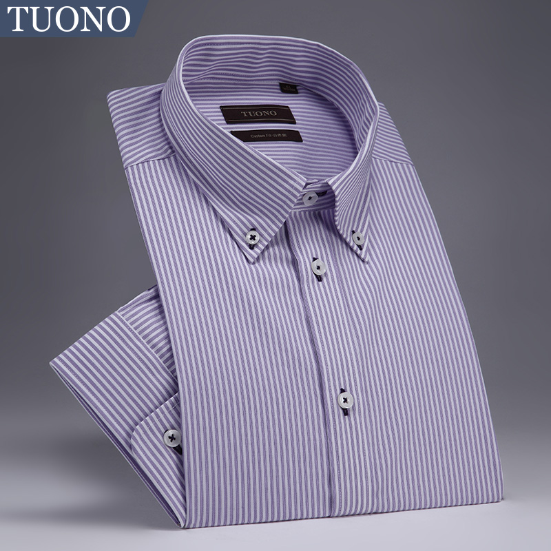 TUONO衬衫春季新款男装棉修身灰条纹中袖七分袖衬衣潮NQ5779-2-图2