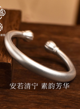 吴越老银铺古法哑光开口纯银手镯