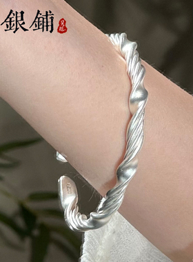 麻花银手镯女足银扭纹开口手镯