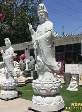 现货汉白玉滴水石雕观音佛像三面菩萨韦陀寺庙供奉西方三圣摆件定