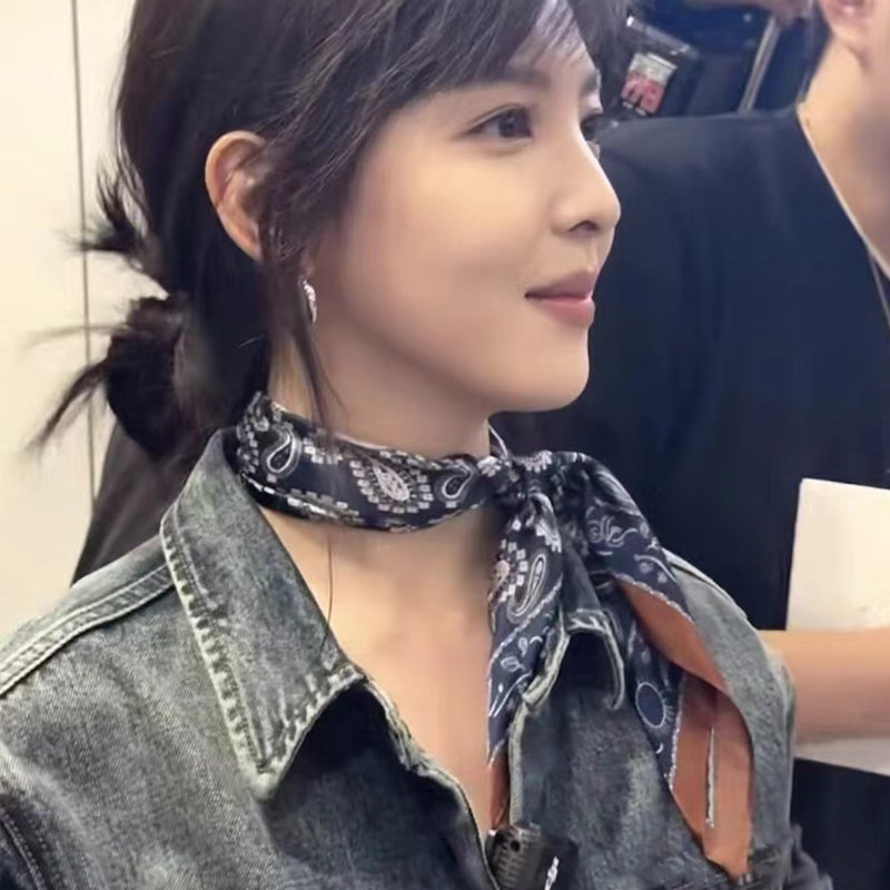 新章若楠同款丝巾藏青咖休闲牛仔风100%桑蚕丝真丝缎面方巾围巾女