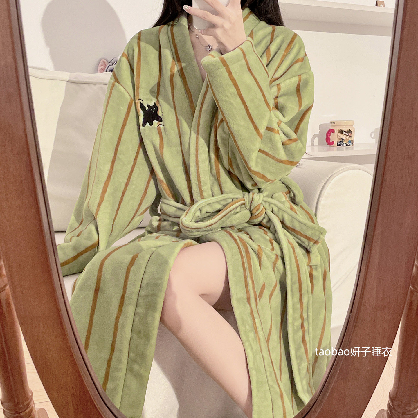 系带浴袍女中长款性感睡袍秋冬季珊瑚绒条纹睡裙法兰绒睡衣2025新,淘宝优惠券,粉丝福利购,淘宝优惠卷