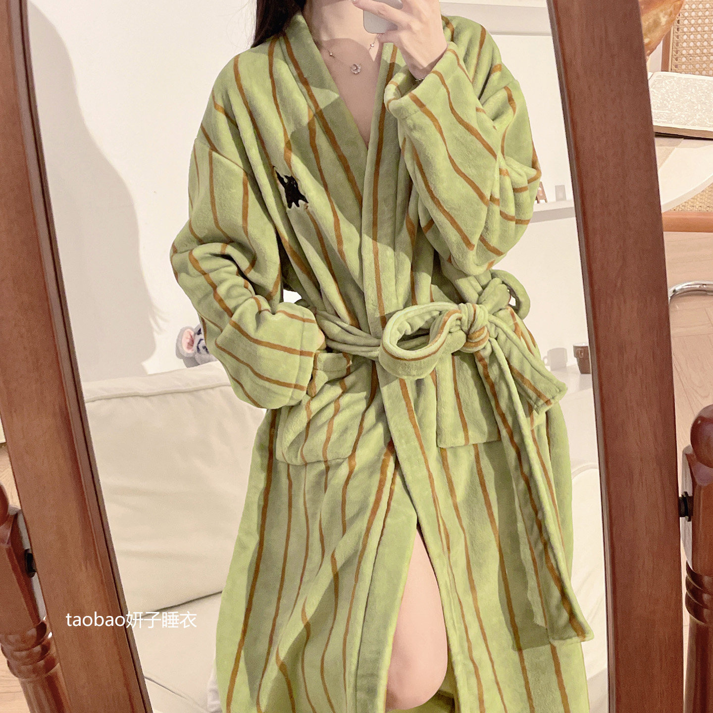 系带浴袍女中长款性感睡袍秋冬季珊瑚绒条纹睡裙法兰绒睡衣2025新,淘宝优惠券,粉丝福利购,淘宝优惠卷