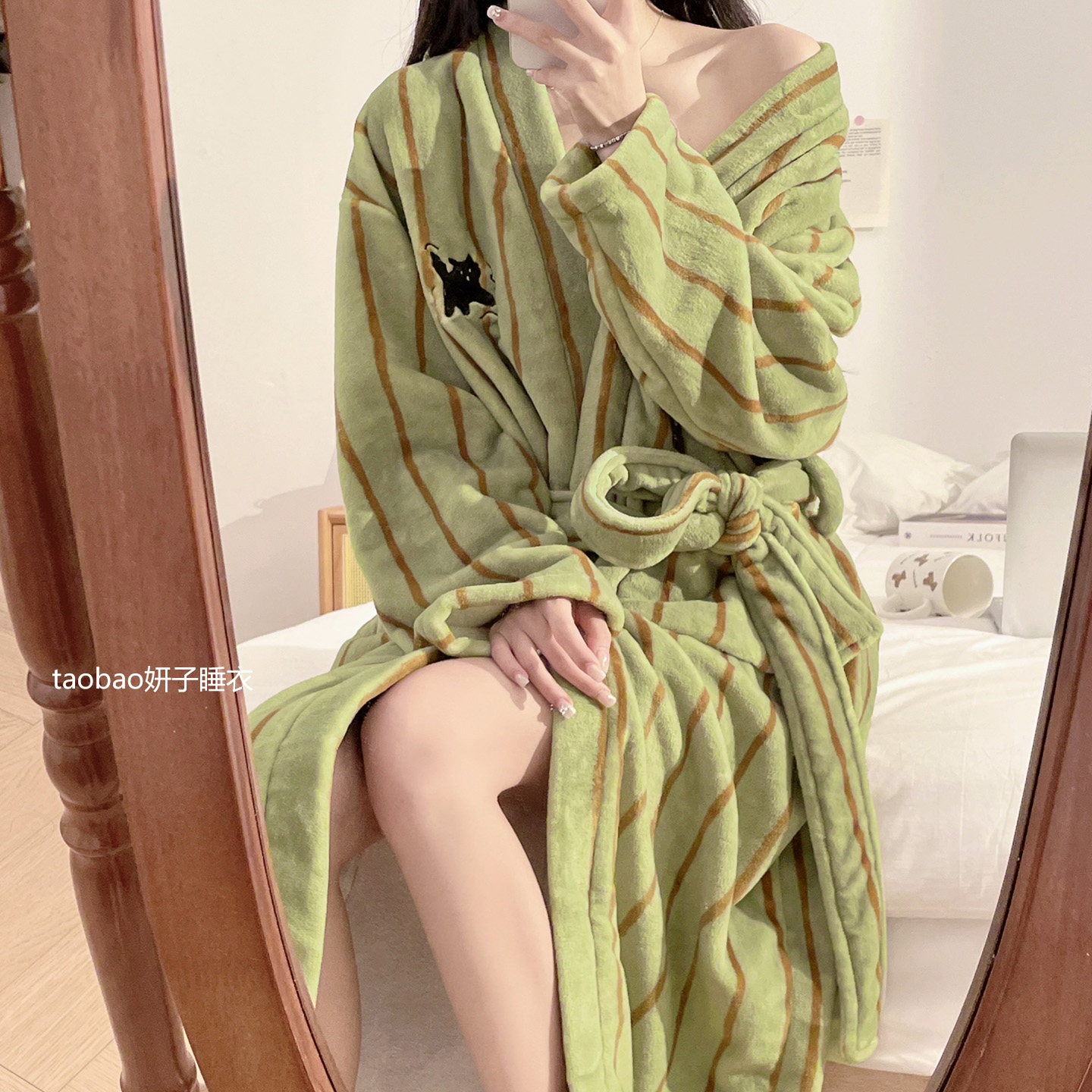 系带浴袍女中长款性感睡袍秋冬季珊瑚绒条纹睡裙法兰绒睡衣2025新,淘宝优惠券,粉丝福利购,淘宝优惠卷