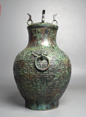 青铜器狩猎纹双环壶纯铜圆瓶摆件