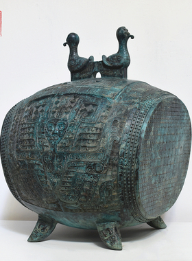 青铜器神人纹双凤鼓仿古乐器