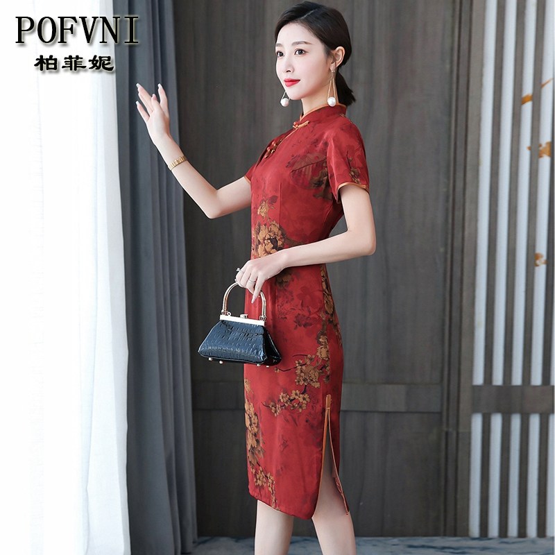 年轻款复古红色仿真丝旗袍连衣裙 柏菲妮旗袍