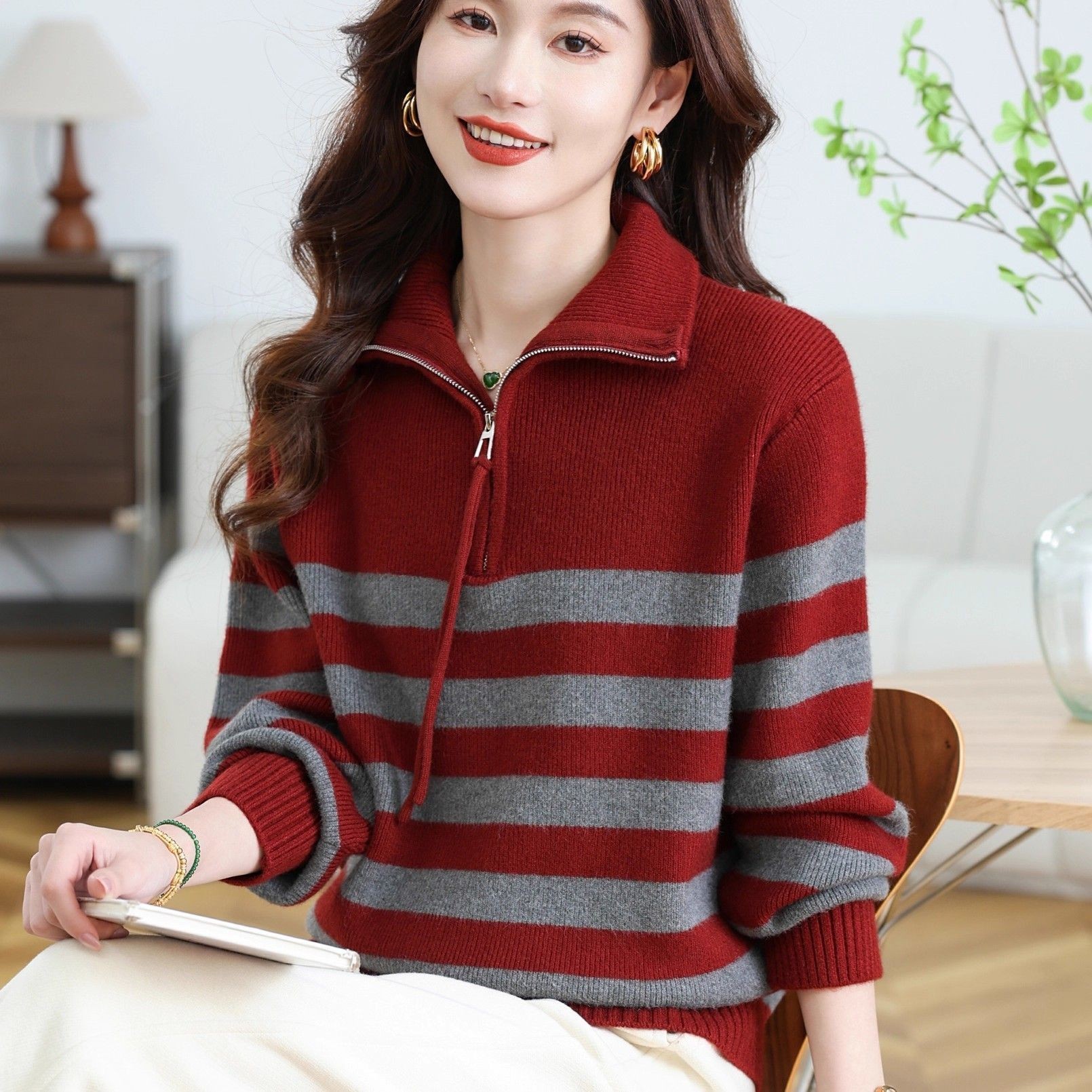 2025秋冬东莞大朗翻领毛衣不起球半拉链条纹立领打底针织衫女上衣 - 图2