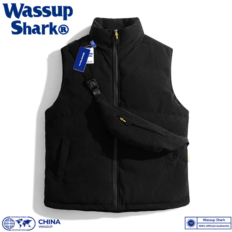 Wassup Shark羽绒棉马甲秋冬季男女情侣款外穿灯芯绒加厚保暖背心 - 图1