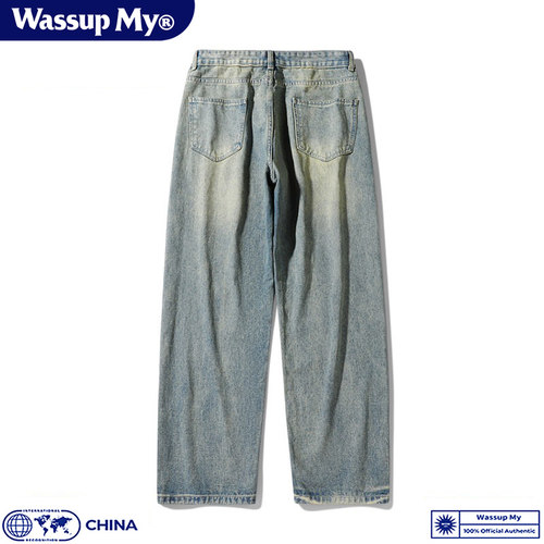 Wassup My美式破洞牛仔裤男士夏季宽松直筒阔腿高街休闲长裤子潮 - 图1