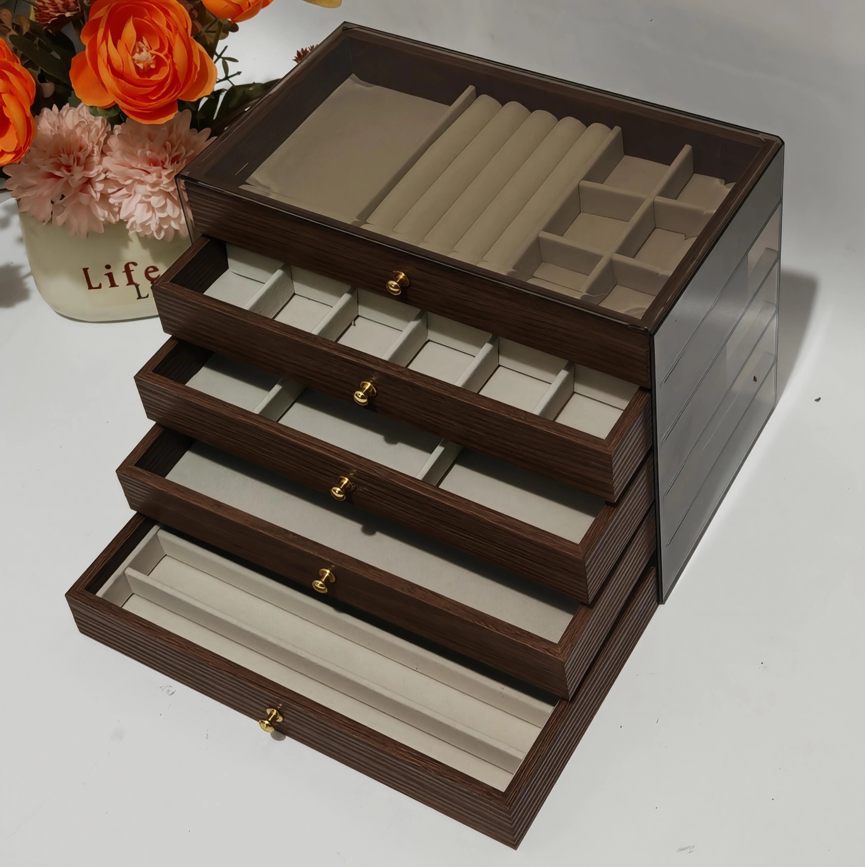 桃木纹多层首饰收纳盒木制抽屉式防尘多功能网红高级轻奢饰品盒,淘宝优惠券,粉丝福利购,淘宝优惠卷