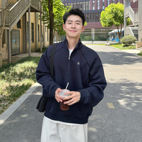 400g重磅刺绣半拉链立领卫衣男生2026新款秋季宽松休闲上衣外套 - 图0