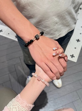 天然粉水晶银曜石手链七夕情侣款恋爱小方块招正缘设计手串希洛阁