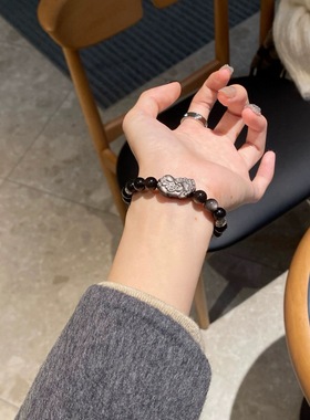 天然黑曜石银曜石貔貅手链招财转运珠水晶手串送男友礼物希洛阁