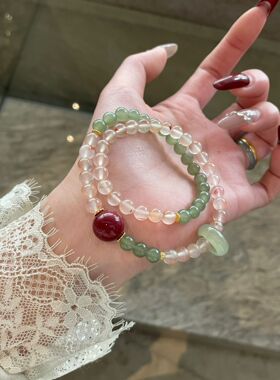 飘花南红和田玉双圈手串朱砂和田玉跑环天然水晶手链