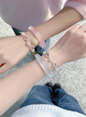 希洛阁四叶草水晶手链女马粉粉黛佳人新中式猫眼手镯送礼