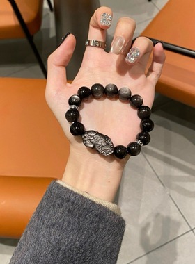 天然黑曜石貔貅手链银曜石手链女招财男士手链情侣手串希洛阁