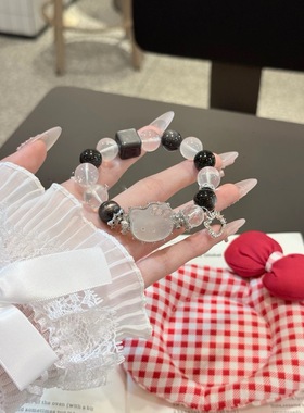 天然银曜石粉水晶Kitty猫头手链女款时尚饰品潮流国风女手串手链