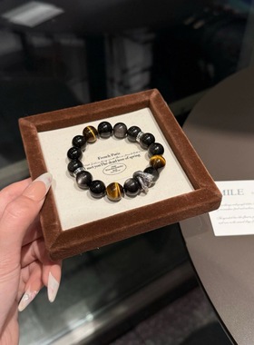 天然黑曜石手链女水晶银曜石合金盘龙小众设计复古礼物手串希洛阁