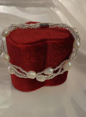 天然淡水真珍珠手链三层珍珠可叠戴气质磁扣款百搭简约女生手串