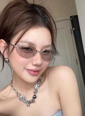 复古欧美金属老钱风墨镜女透明灰色级感方圆脸显瘦猫眼太阳镜潮