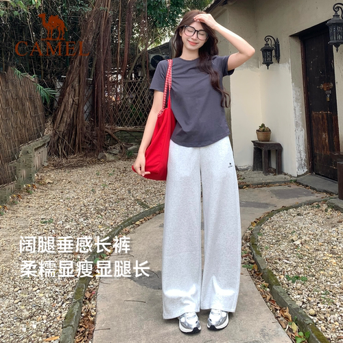 骆驼漫游运动裤女长裤子香蕉阔腿裤直筒休闲针织棉感宽松弯刀卫裤 - 图2