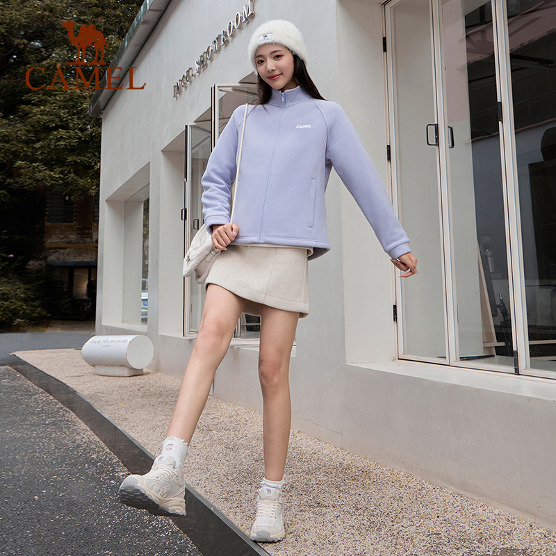 骆驼运动外套女羊羔绒女装2024冬季开衫百搭立领加绒加厚保暖夹克