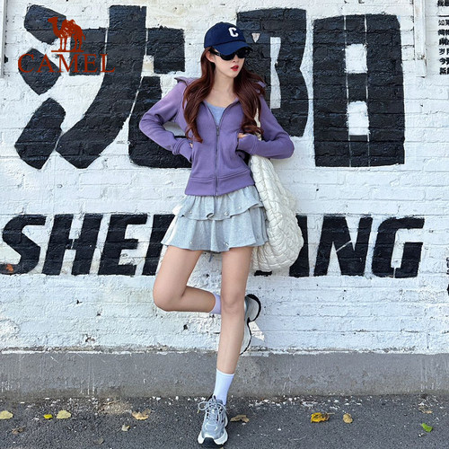 骆驼小蛮腰外套女士加绒收腰显瘦连帽卫衣开衫保暖上衣跑步运动服 - 图2