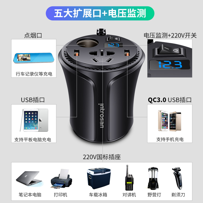 英才星杯式车载快闪充电器12V/转220V汽车用点烟器逆变电源转换器-图1