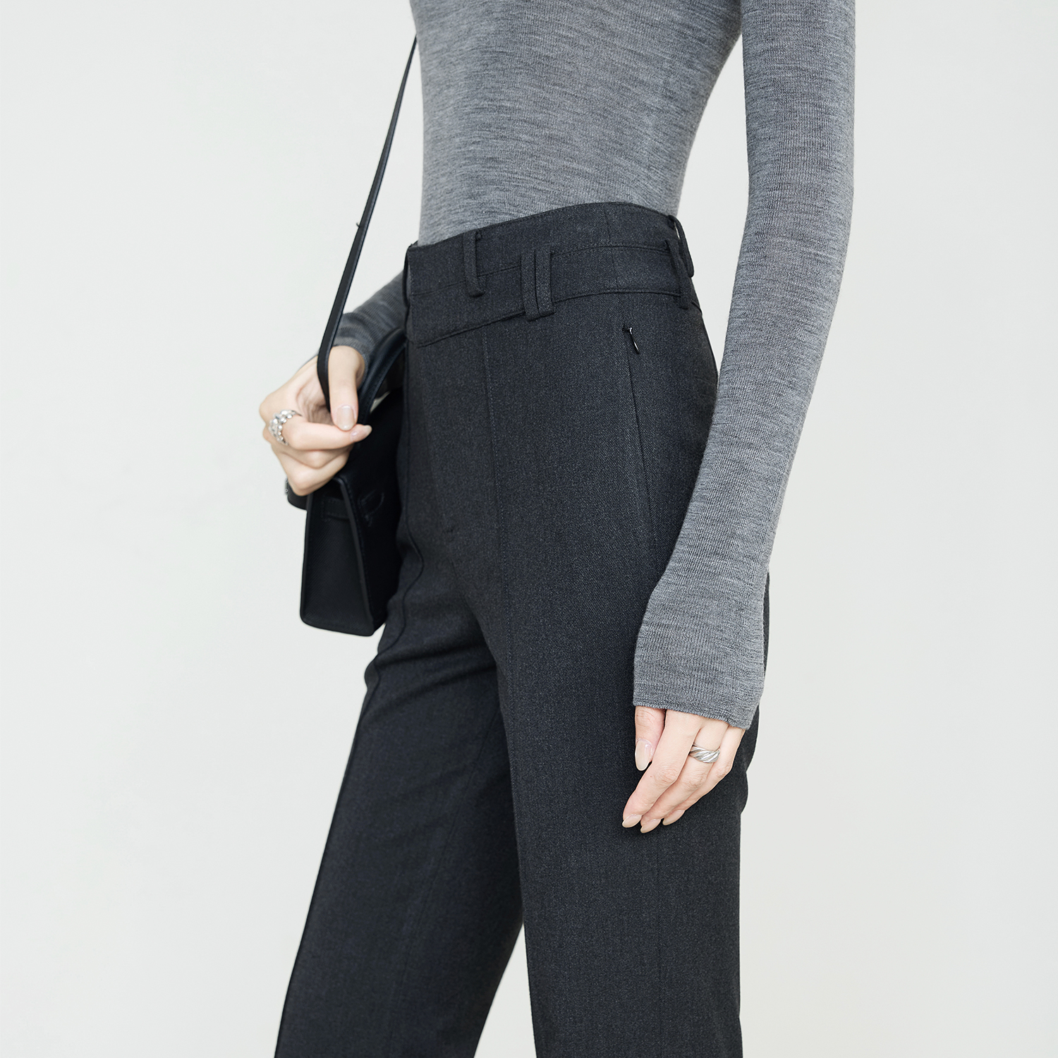 夏莫卡黑灰色喇叭裤女2025新款弹力显瘦超模裤通勤微喇裤加长6857 - 图1