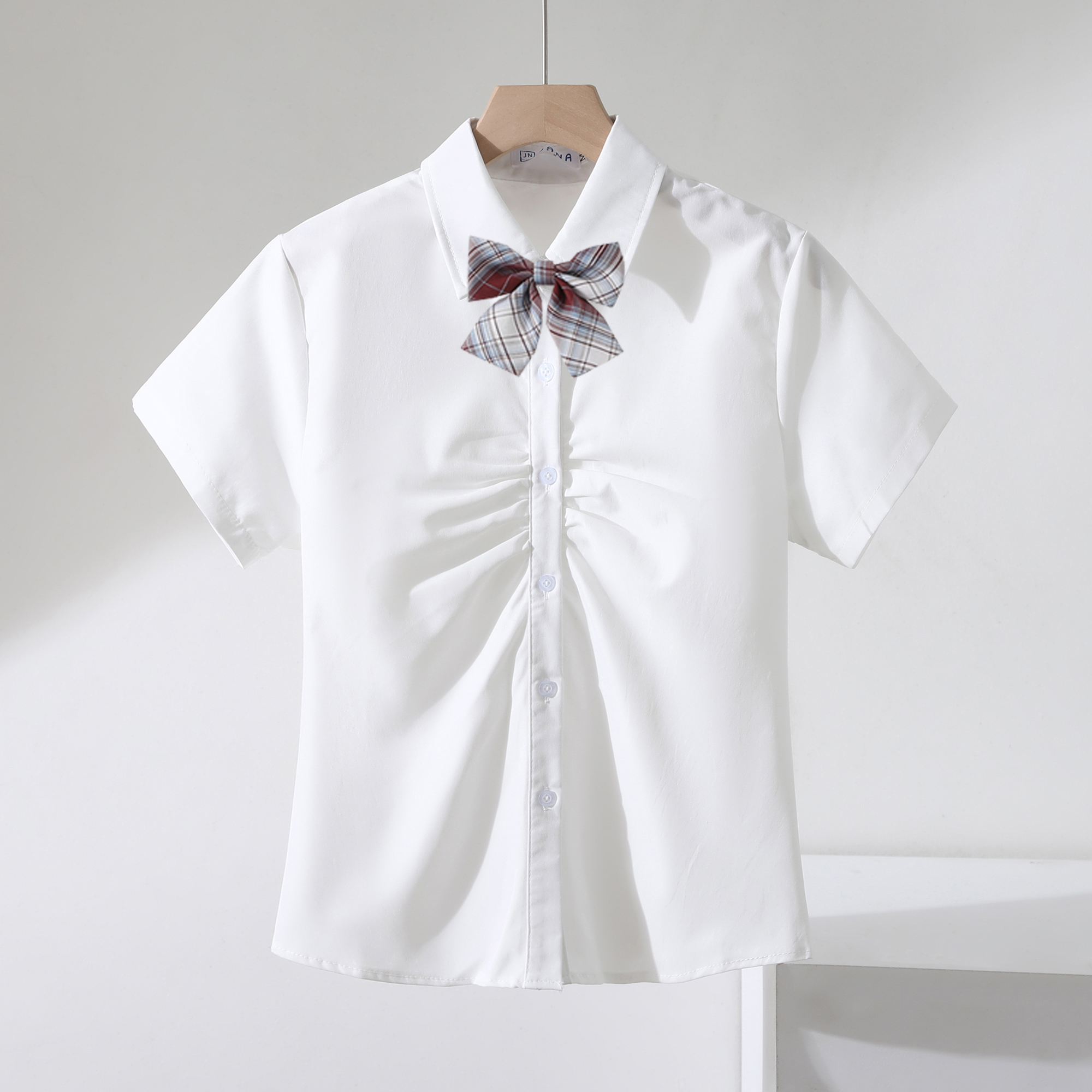JK制服女领结学院风短袖衬衫2024夏季新款白色上衣褶皱衬衫 - 图0