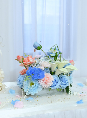 蓝色系订婚桌花套系甜品台仿真花