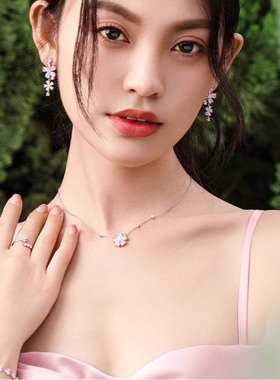 纯银桃花朵朵爱心款套装项链