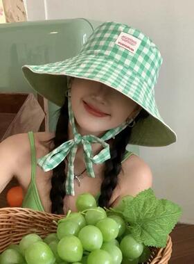 韩版双面格子防晒渔夫帽女春夏天