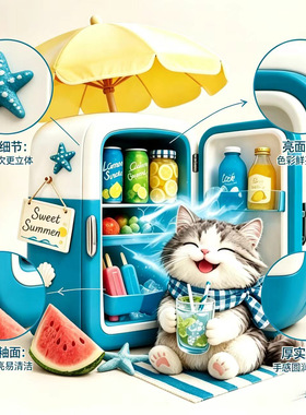 清凉小猫立体浮雕冰箱贴家居厨房装饰夏日礼品冰箱装饰磁吸贴家居