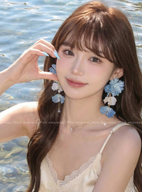 蓝色流苏花朵耳钉女氛围感耳饰