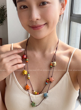 民族风彩色爱心串珠项链女小众