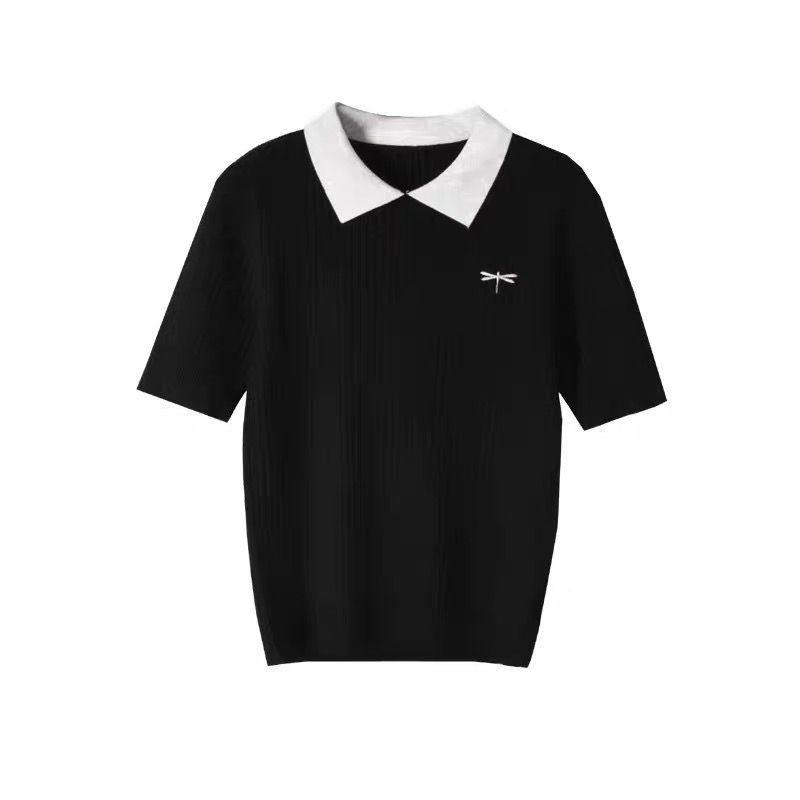 金智妮同款黑色修身针织短袖Polo衫女薄款2025夏季新款学院风上衣 - 图3