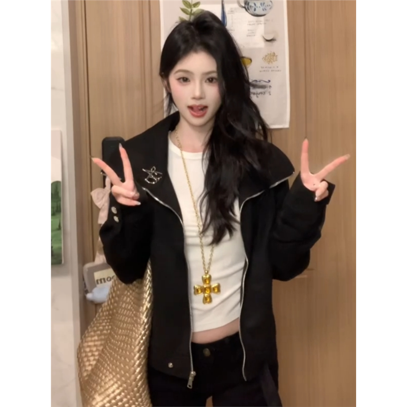 美式复古小个子黑色翻领外套女春秋新款设计感宽松百搭短款夹克潮,淘宝优惠券,粉丝福利购,淘宝优惠卷